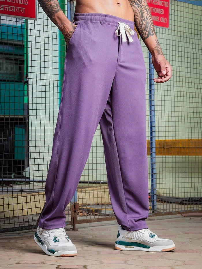 House Of Koala Purple Ribbed Relaxed-Fit Mid-Rise Track Pant