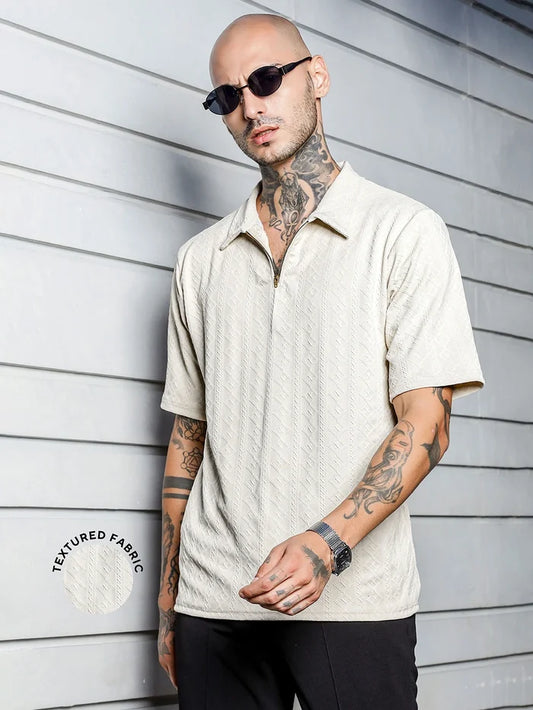 House Of Koala White Super Soft Textured Polo Neck Oversized T-Shirt