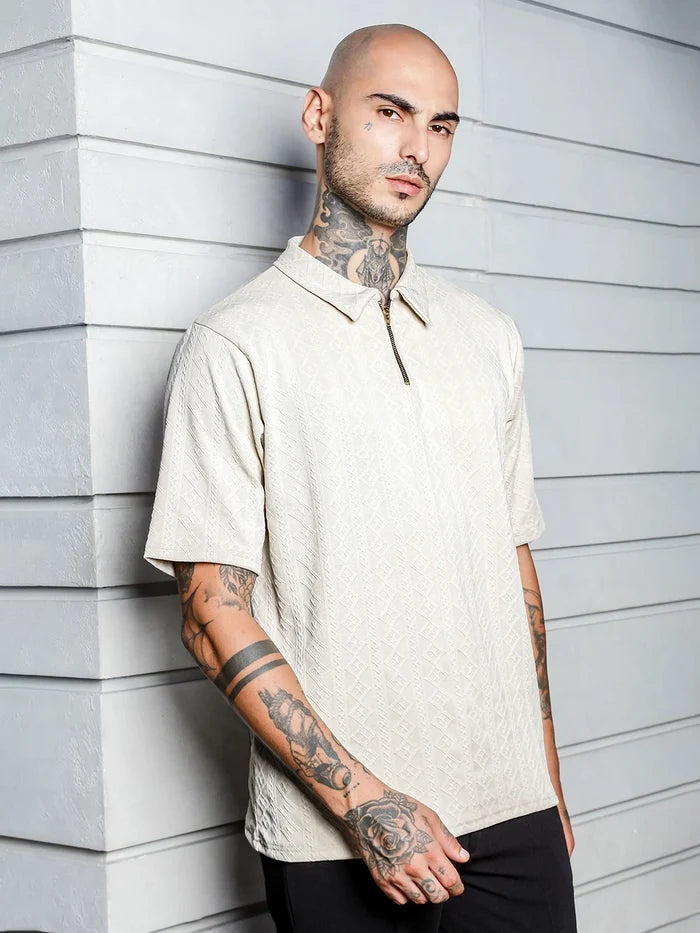House Of Koala White Super Soft Textured Polo Neck Oversized T-Shirt