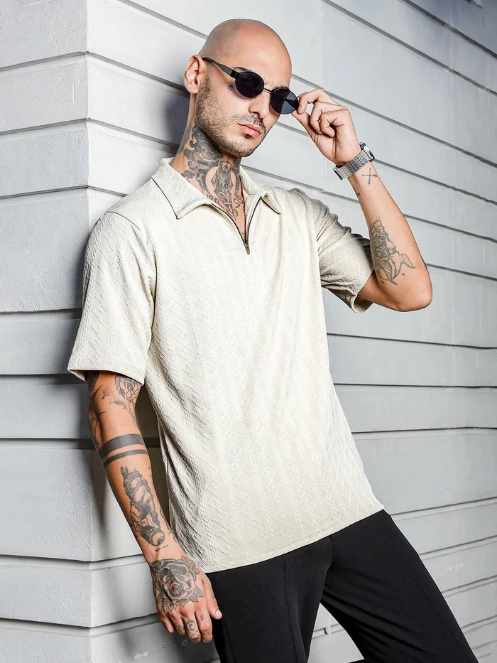 House Of Koala White Super Soft Textured Polo Neck Oversized T-Shirt