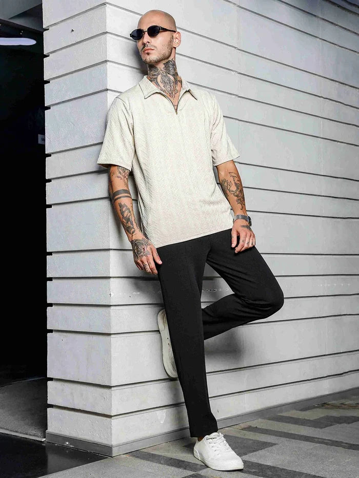 House Of Koala White Super Soft Textured Polo Neck Oversized T-Shirt