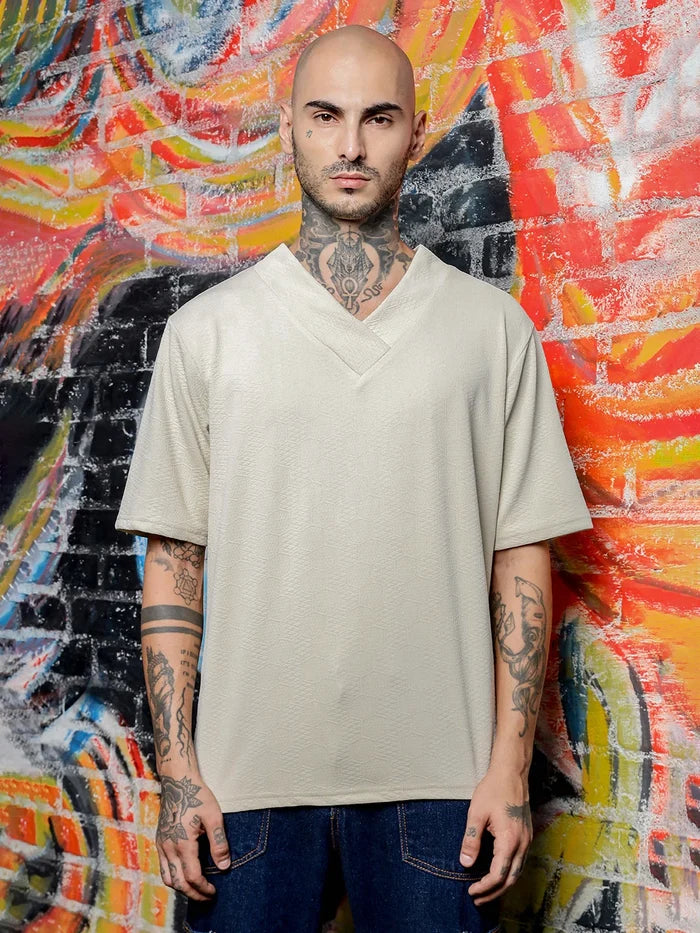 House Of Koala White Textured V-Neck Oversized T-Shirt