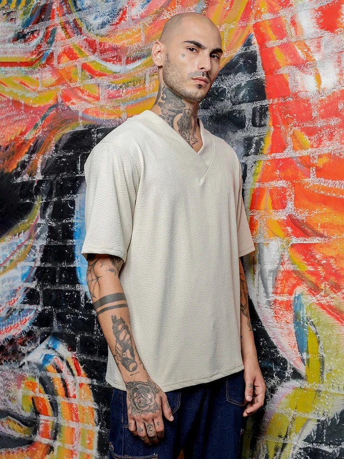 House Of Koala White Textured V-Neck Oversized T-Shirt