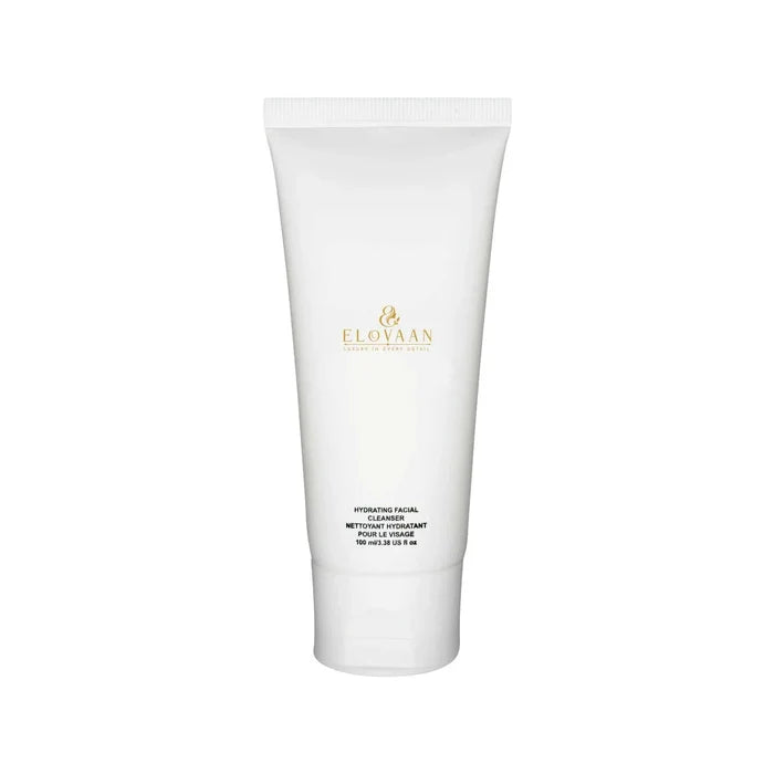 cerave hydrating cleanser in a white tube with gold branding and small black text identifying a hydrating facial cleanser