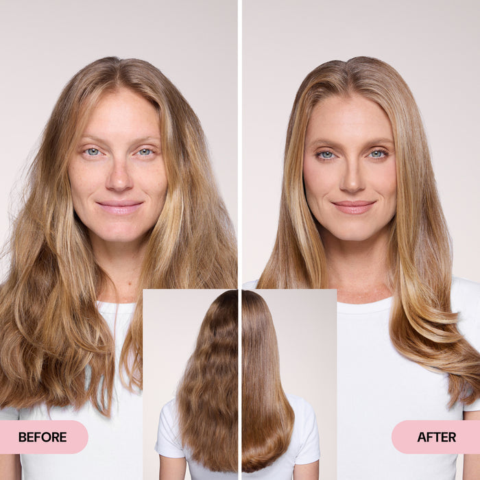 Before and after comparison showing a woman with frizzy, wavy hair transformed to smooth, shiny, and styled hair.