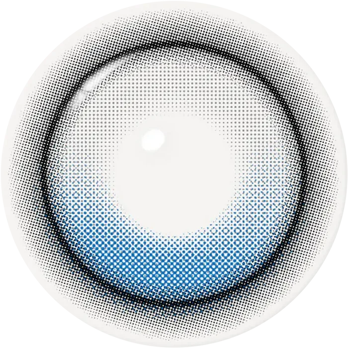 A circular design with a white center, black outline, and blue gradient halftone pattern evokes the bold K-pop look of i-Girl's One Pick Balance Summer Song Blue lenses for a stylized, comic-inspired effect.