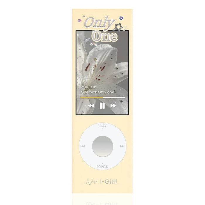 A beige rectangular package resembling an iPod features a white lily and music player graphics, evoking an elegant vibe reminiscent of natural-looking colored contacts. The text reads "Only One" at the top and "i-Sha One Pick Only One Velvet Smoke Grey" by i-Sha at the bottom.