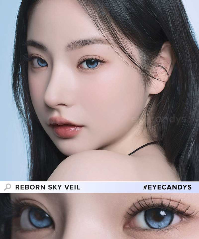 A female model with natural dark eyes wearing i-Sha Reborn Reborn Sky Veil contact lenses, complemented by subtle eyeshadow and peach lipstick and Close-up image showcases the model's eyes adorned with the same blue contact lenses