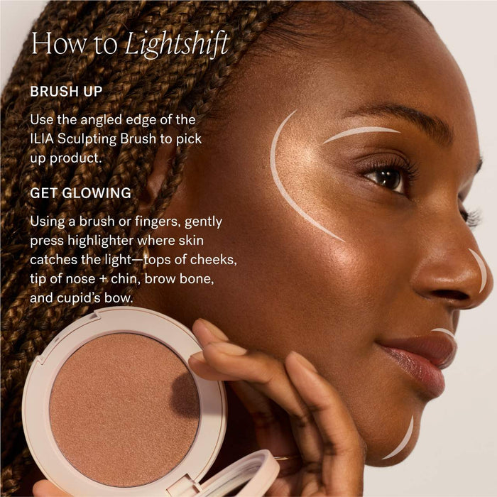 Ilia Lightshift Weightless Silky Cream Highlighter in various shades, showing a smooth, luminous application on the skin.