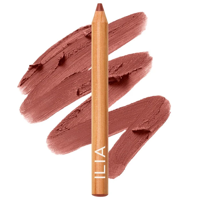 Ilia Lip Sketch hydrating lipstick and lip liner crayon in various shades, showcasing smooth application and vibrant color.