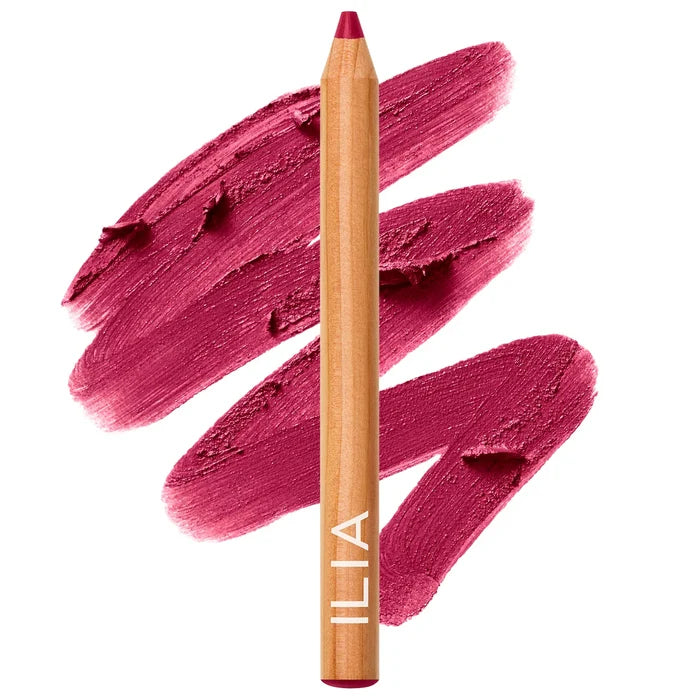 Illia Lip Sketch Hydrating Lipstick and Lip Liner Crayon in Nightbloom shade, showing a natural, deep pink lipstick and liner on a model