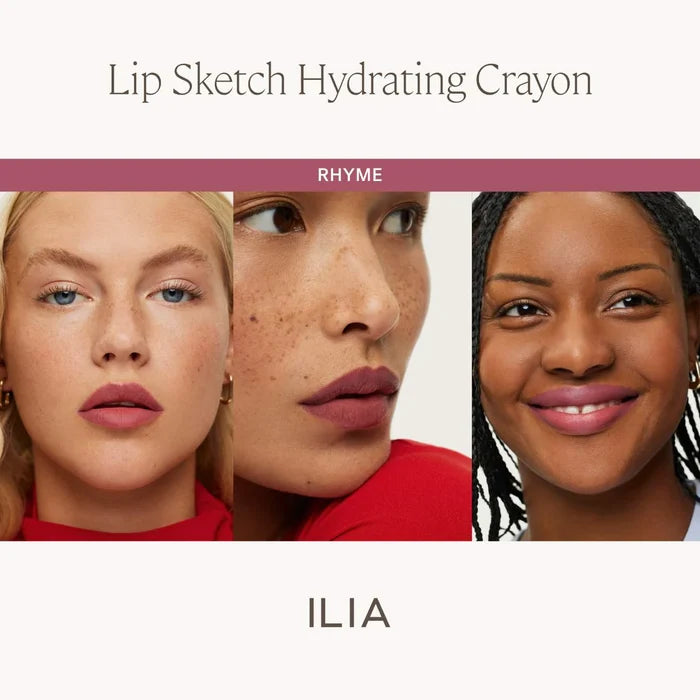 Ilia Lip Sketch hydrating lipstick and lip liner crayon in various shades, featuring a sleek, dual-ended design with color swatches.
