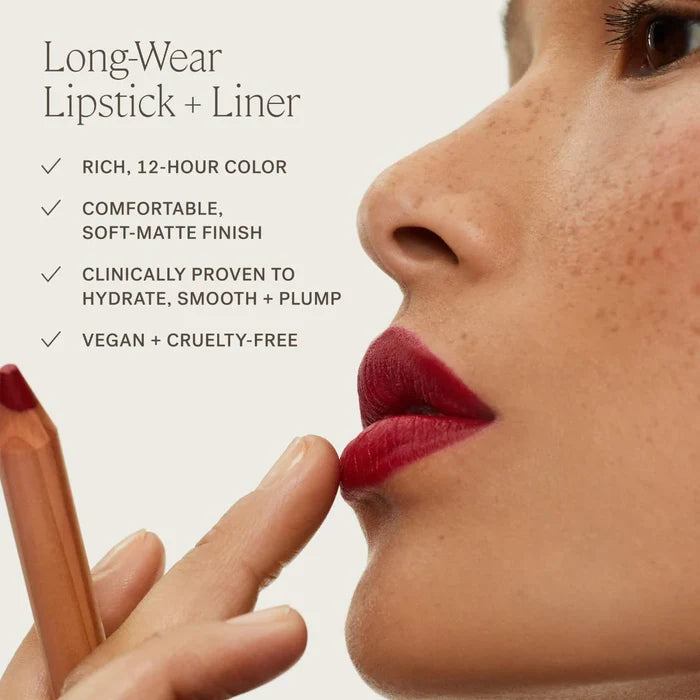 Ilia Lip Sketch hydrating lipstick and lip liner crayon in various shades, showcasing smooth, colorful lip products on a neutral background.