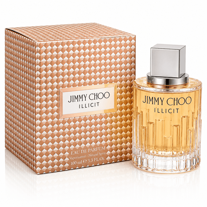 Jimmy Choo Illicit Eau de Parfum in a clear glass bottle with amber liquid, silver cap and copper geometric box