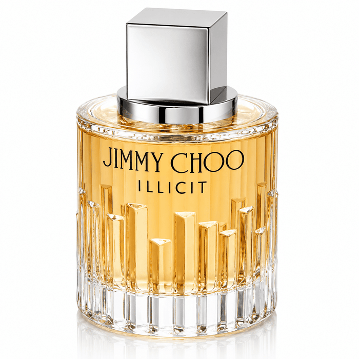 Jimmy Choo Illicit Eau de Parfum in a ribbed clear glass bottle with amber liquid and a silver square cap