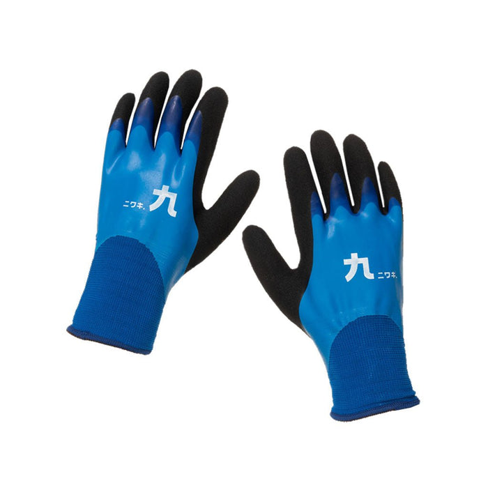 Pair of insulated work gloves with blue and black rubber coating on white background