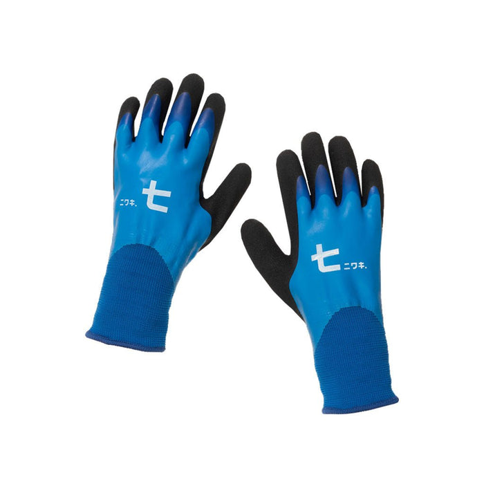 Pair of insulated work gloves with blue and black rubber coating on white background
