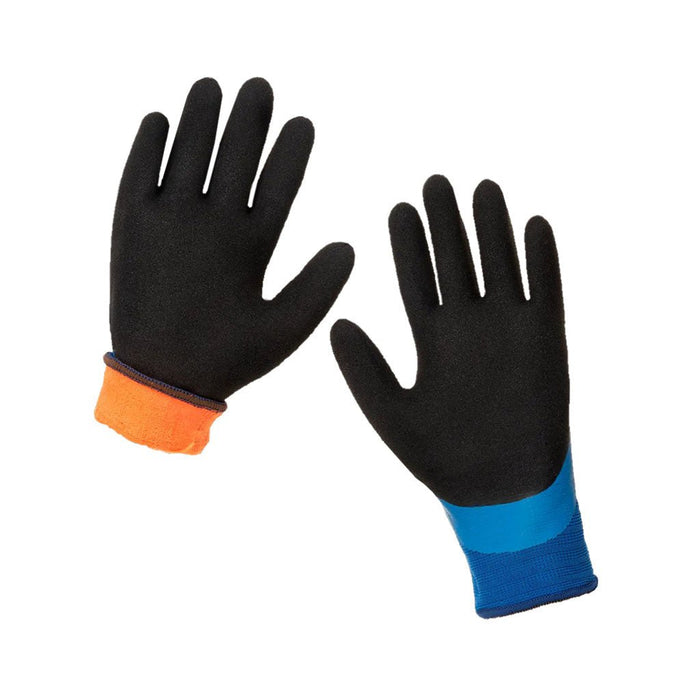 Pair of insulated work gloves with black rubber coating on white background