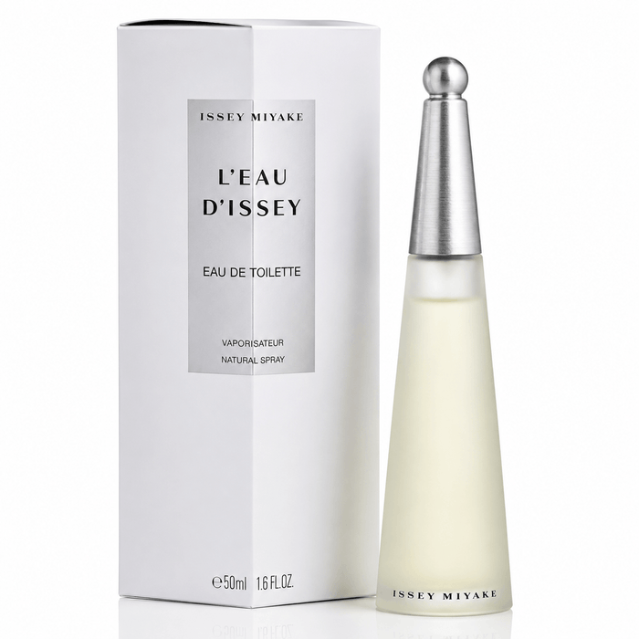 Issey Miyake L’Eau d’Issey Eau de Toilette spray in a pale yellow tapered glass bottle with a silver cap and white box