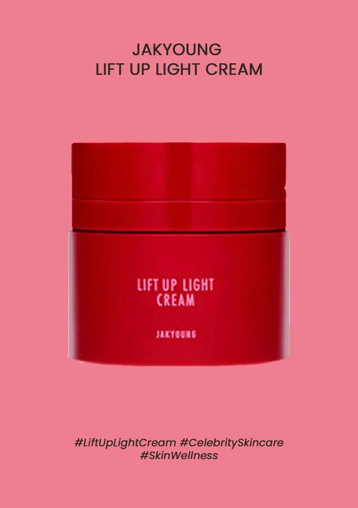 Red jar of Jakyung Lift Up Light Cream on a pink background