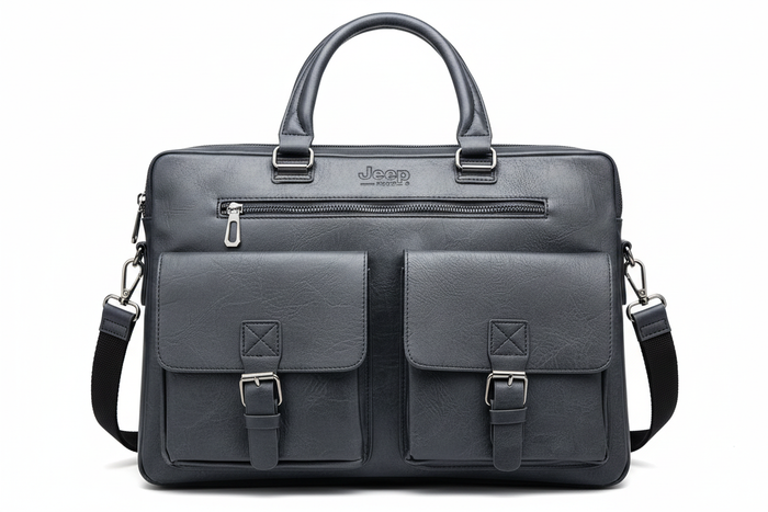 Jeep Brand Grey Leather Laptop Briefcase - white background