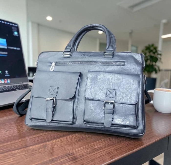 Jeep Brand Men's Grey Leather Laptop Briefcase Bag