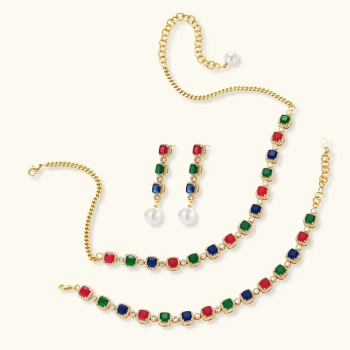 Jewel Royalty Multicolor CZ 3-piece jewelry set with gold-tone chains, red, green and blue stones, and pearl-drop earrings