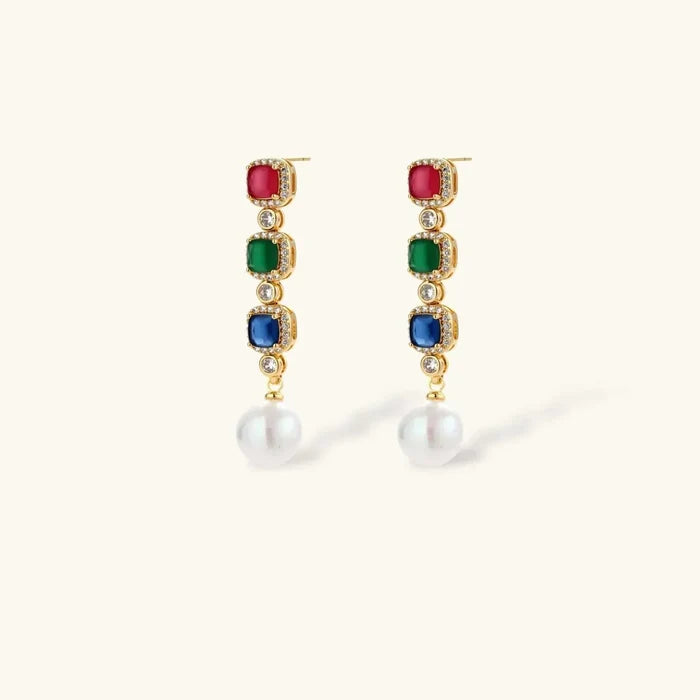 Jewel Royalty Multicolor CZ drop earrings in gold-tone metal with red, green and blue stones and white pearl drops