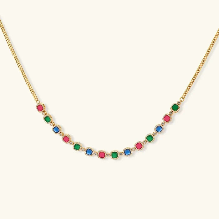 Jewel Royalty Multicolor CZ necklace with a gold-tone chain and alternating red, green and blue stones in delicate settings