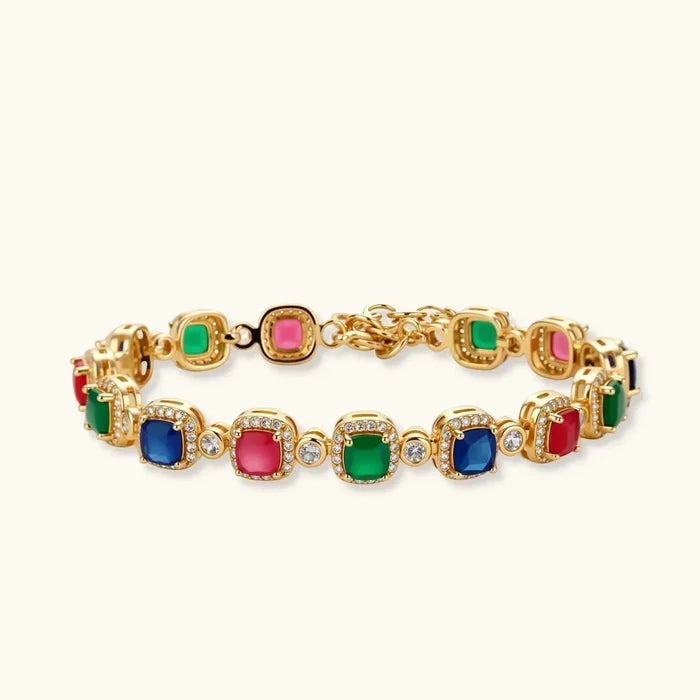 Jewel Royalty Multicolor CZ bracelet with gold-tone links, alternating red, green and blue stones and clear pavé accents