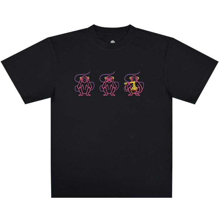 This Jo’s Modern Thai X Oaklandish Tee by Other is a black, heavy-weight t-shirt featuring three neon-outline monkeys across the chest: one covers its eyes, another covers its ears, and the third playfully covers its mouth with a banana—a playful take on “see no evil, hear no evil, speak no evil.” Designed as a collaboration with Jo’s Modern Thai. The background is white.