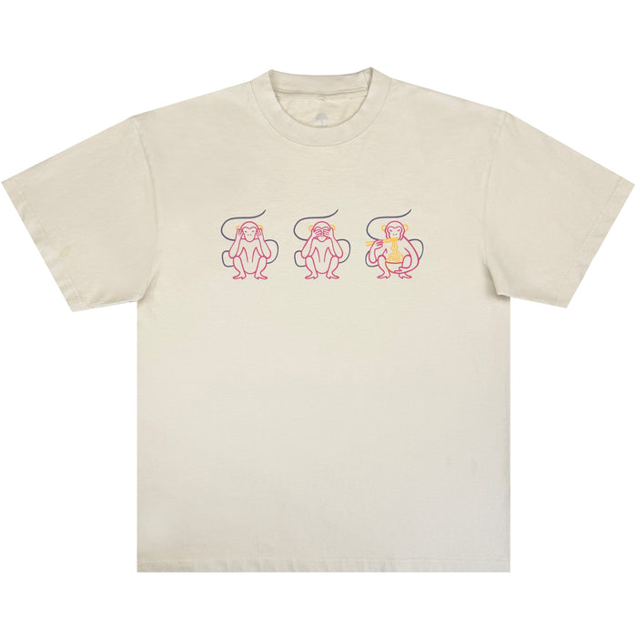 Beige heavyweight Jo’s Modern Thai X Oaklandish Tee by Other, featuring three cartoon monkeys on the chest—two pink monkeys with curled tails on the left and a yellow monkey on the right—all outlined in pink and facing forward against a plain background. Part of the Jo’s Modern Thai collaborative collection.
