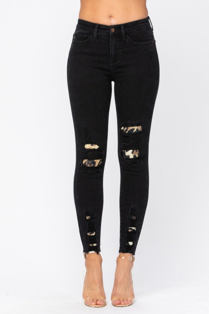 Judy Blue Black Destroyed Leopard Patch Skinny Jeans-JUDY BLUE-Featherandvine