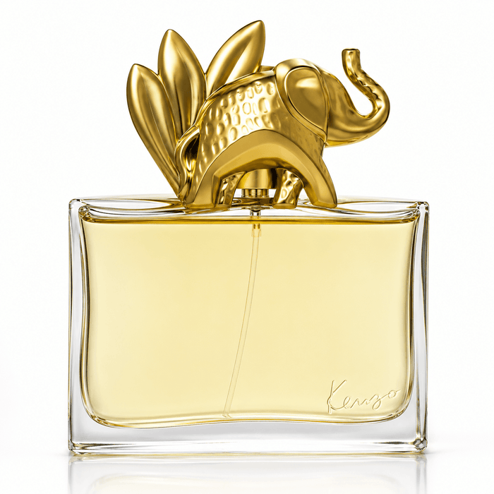 Kenzo Jungle L’Elephant Eau perfume in a clear glass bottle with pale yellow liquid and a sculpted gold elephant cap