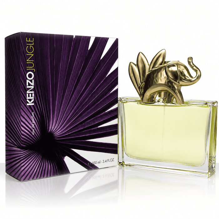 Kenzo Jungle L’Elephant Eau perfume in a clear glass bottle with pale yellow liquid and a gold elephant cap, beside a purple radial-patterned box