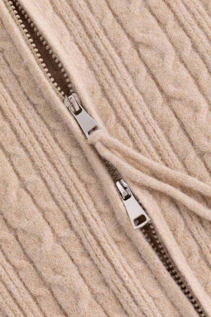 Khaki Color Zip Up Cable Knit Sweater
