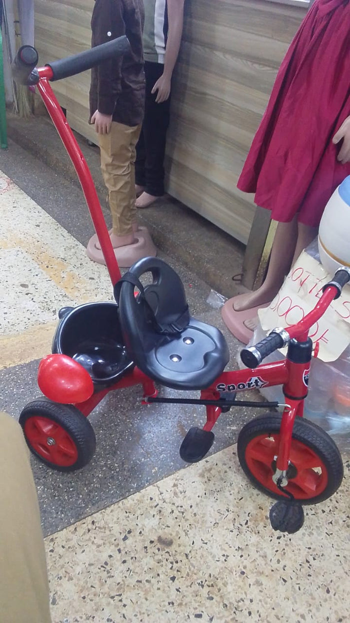 Kids Sport Tricycle | Parent Push Handle | Steering Wheel | Storage Basket - Red & Black
