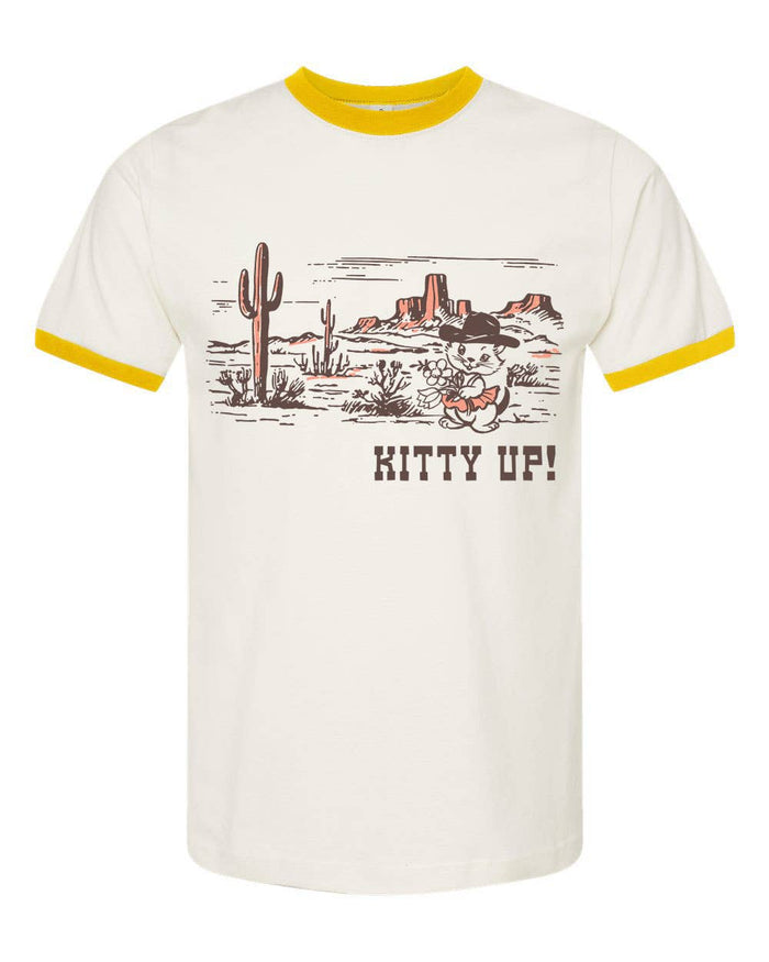 Cream yellow Kitty Up Ringer Tee shirt by The Coin Laundry featuring a funny cowboy cat graphic.
