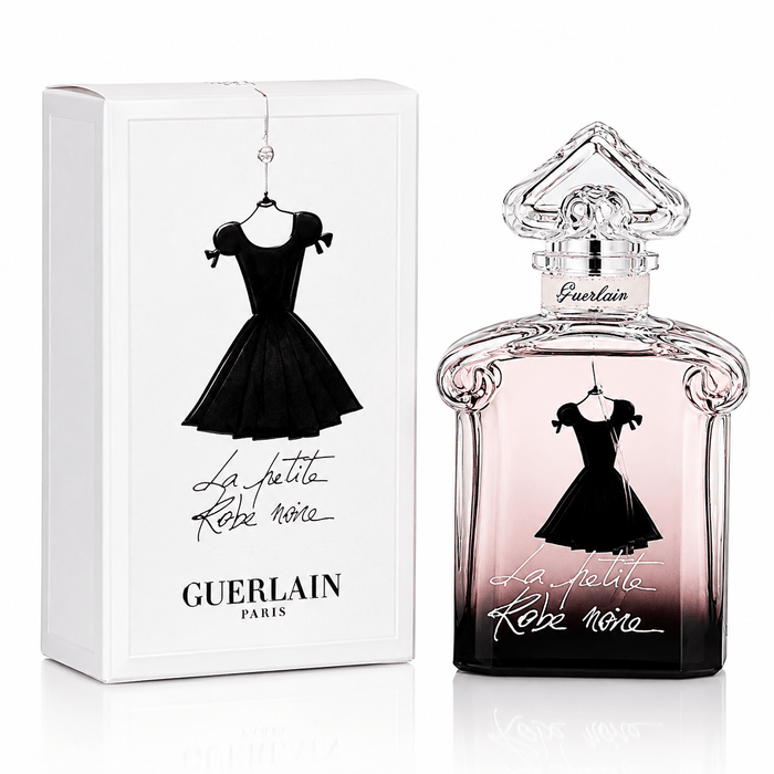 Guerlain La Petite Robe Noire perfume in a clear glass bottle with pink-to-black gradient, black dress motif and white box