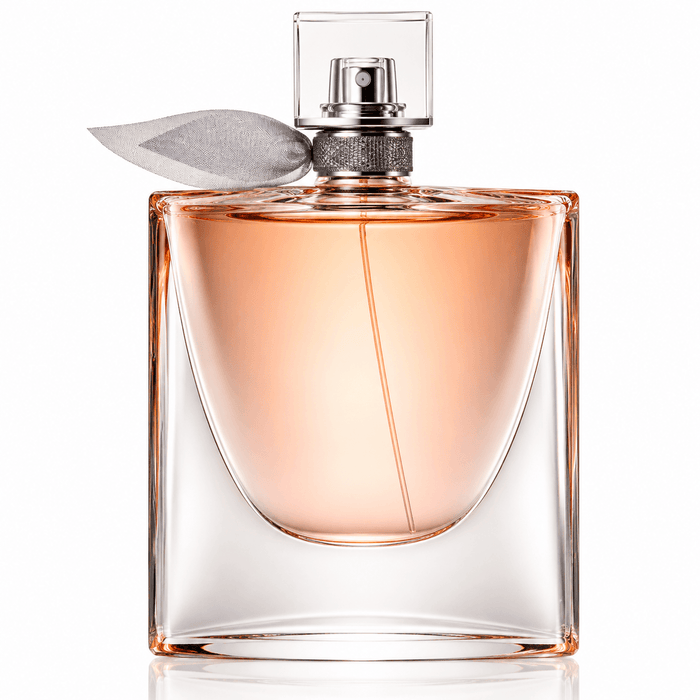 Lancôme La Vie Est Belle perfume in a clear glass bottle with pale peach liquid and a gray fabric ribbon