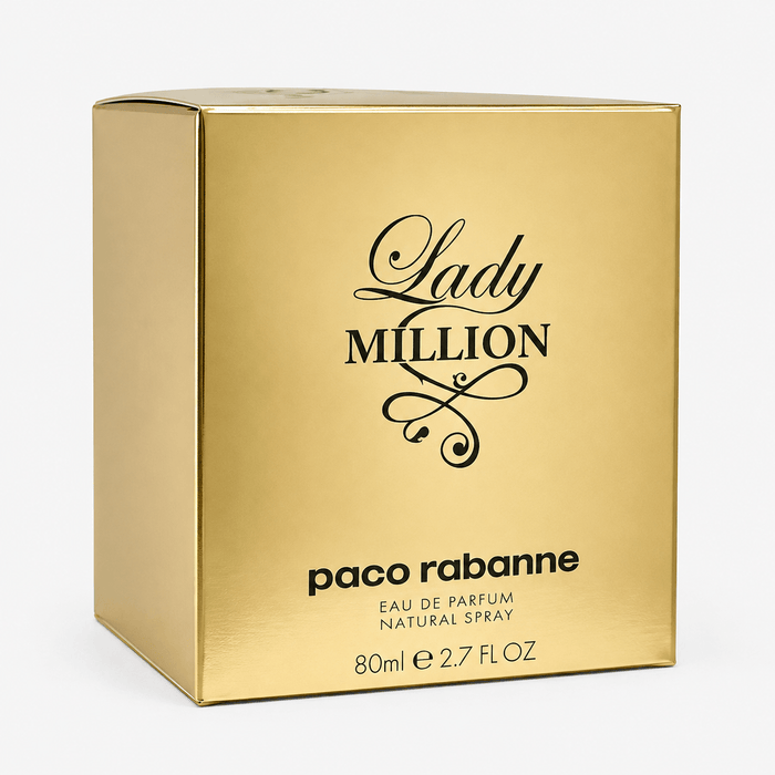 Lady Million by Paco Rabanne perfume in a gold rectangular box with black lettering, labeled Eau de Parfum natural spray, 80 ml