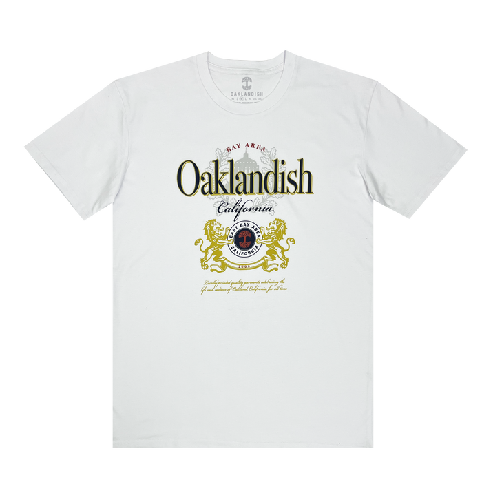 The Lager Especial Tee by Other features "Oaklandish" in bold black letters with "Bay Area" above in red. Gold lions and "California" in cursive surround a circular emblem with a red star. Made from 100% cotton, decorative text completes this standout design.