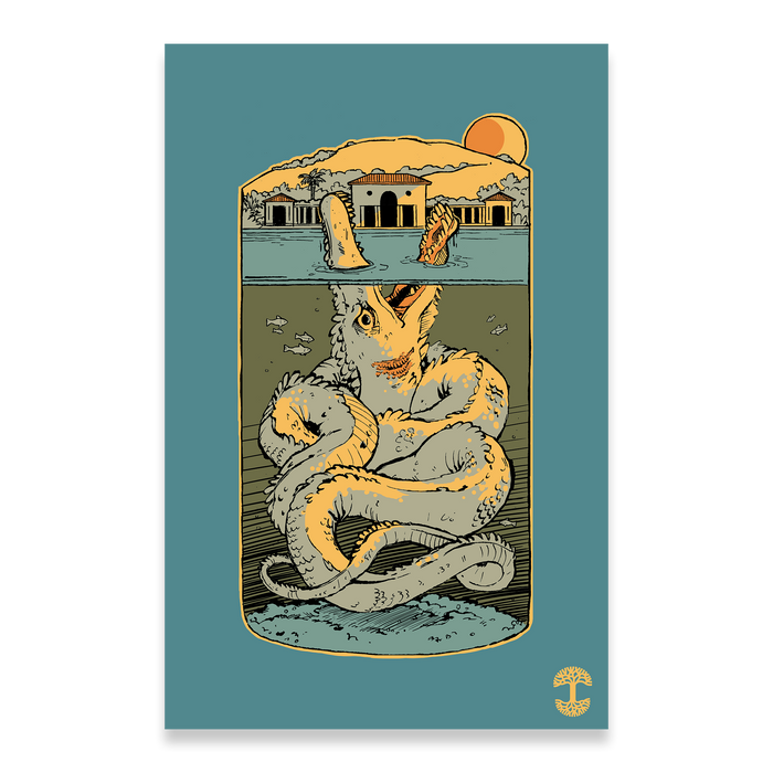 The Lake Monster Poster by Oaklandish depicts a serpent coiled underwater, partially visible above in a landscape with buildings. Its head emerges near structures against a setting sun. The scene uses earthy tones on a teal background with a small tree emblem in the corner.