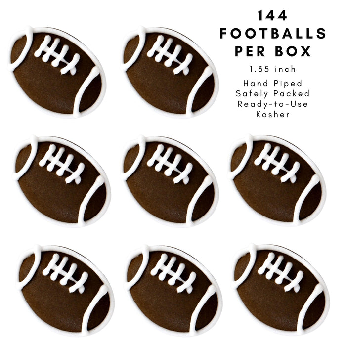 Football Royal Icing Toppers handmade ready-to-use for decorating cupcakes, chocolates, candy, cakes, pies, brownies, cookies, macarons. Edible toppers made of sugar for decorating desserts. NFL Football Icing decorations for Cupcakes, Cakes, Chocolates, and Candy.  Great for football parties, and superbowl.  Caljava