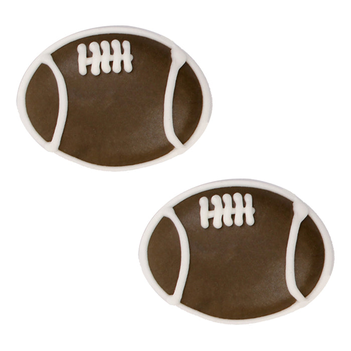 Football Royal Icing Toppers handmade ready-to-use for decorating cupcakes, chocolates, candy, cakes, pies, brownies, cookies, macarons. Edible toppers made of sugar for decorating desserts. NFL Football Icing decorations for Cupcakes, Cakes, Chocolates, and Candy.  Great for football parties, and superbowl.  Caljava