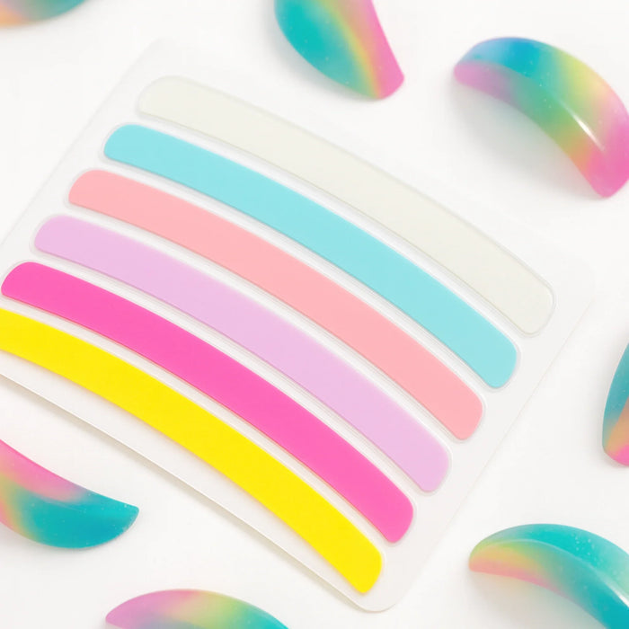 Rainbow lash lifting ribbon on a white background with rainbow lash lifting shields from the london brow company