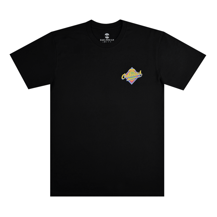 The Leadoff Tee by Other is a plain black T-shirt made from 100% cotton, featuring a small, vibrant graphic on the left chest with stylized “Oaklandish” text in yellow and white over a purple and yellow diamond shape. Designed as a classic fit men’s tee, it includes an “Oaklandish” label inside the collar.