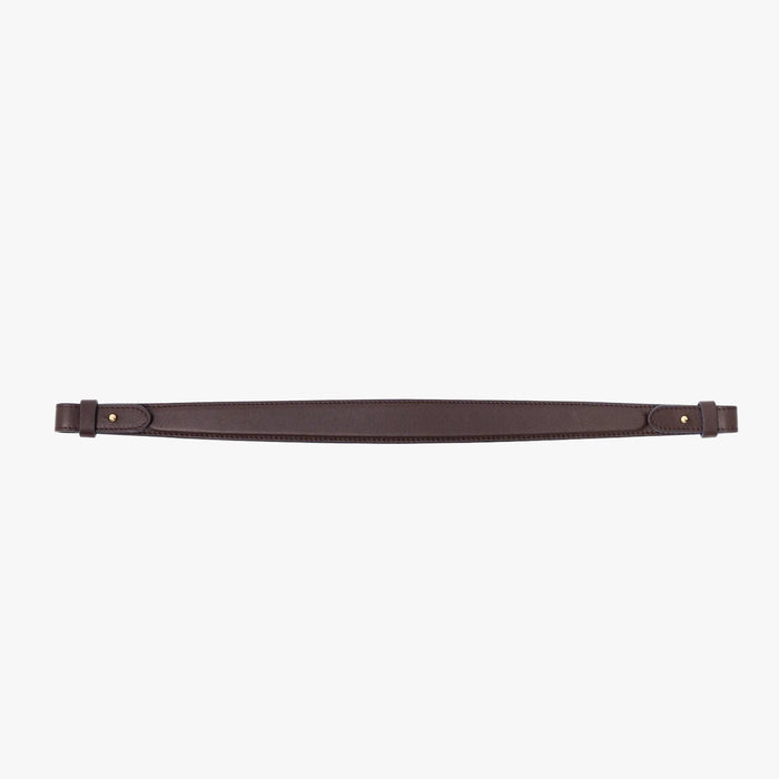 The detachable shoulder strap in Espresso smooth leather on a light grey background