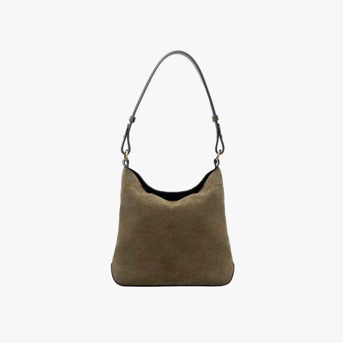STOW London's Midi Curve in Dark Green suede leather on a light grey background featuring the detachable shoulder strap with gold hardware and details