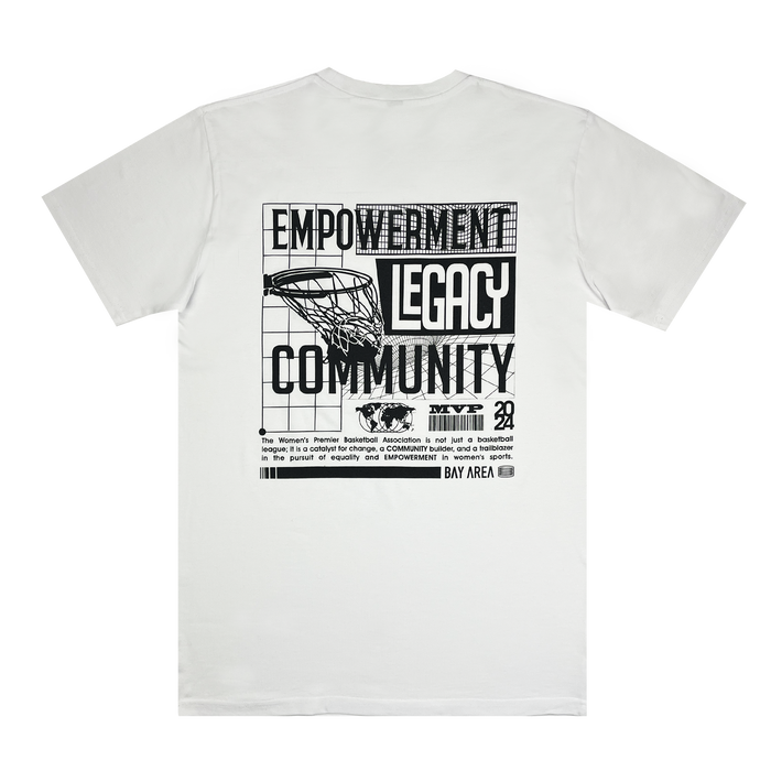 Back view of WPBA white t-shirt with basketball graphic.